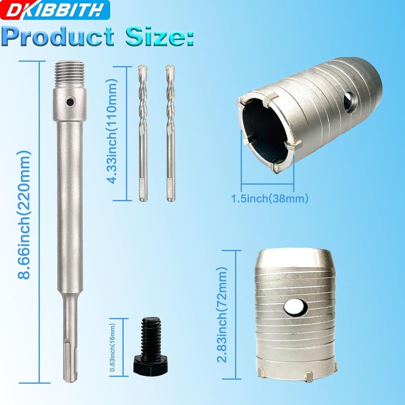 DKIBBITH 1-1/2" Concrete Hole Saw, 38mm Tungsten Steel Core Bit for Cinder Block, Brick, Rock, Plank Walls for Pipes or mini Split Lines, with SDS Plus Shank and 2 Center Positioning Drill Bits. - Image 2